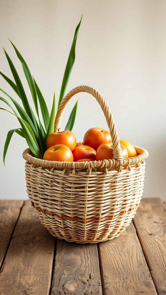 A woven lemongrass basket filled with fruits on a wooden table.
